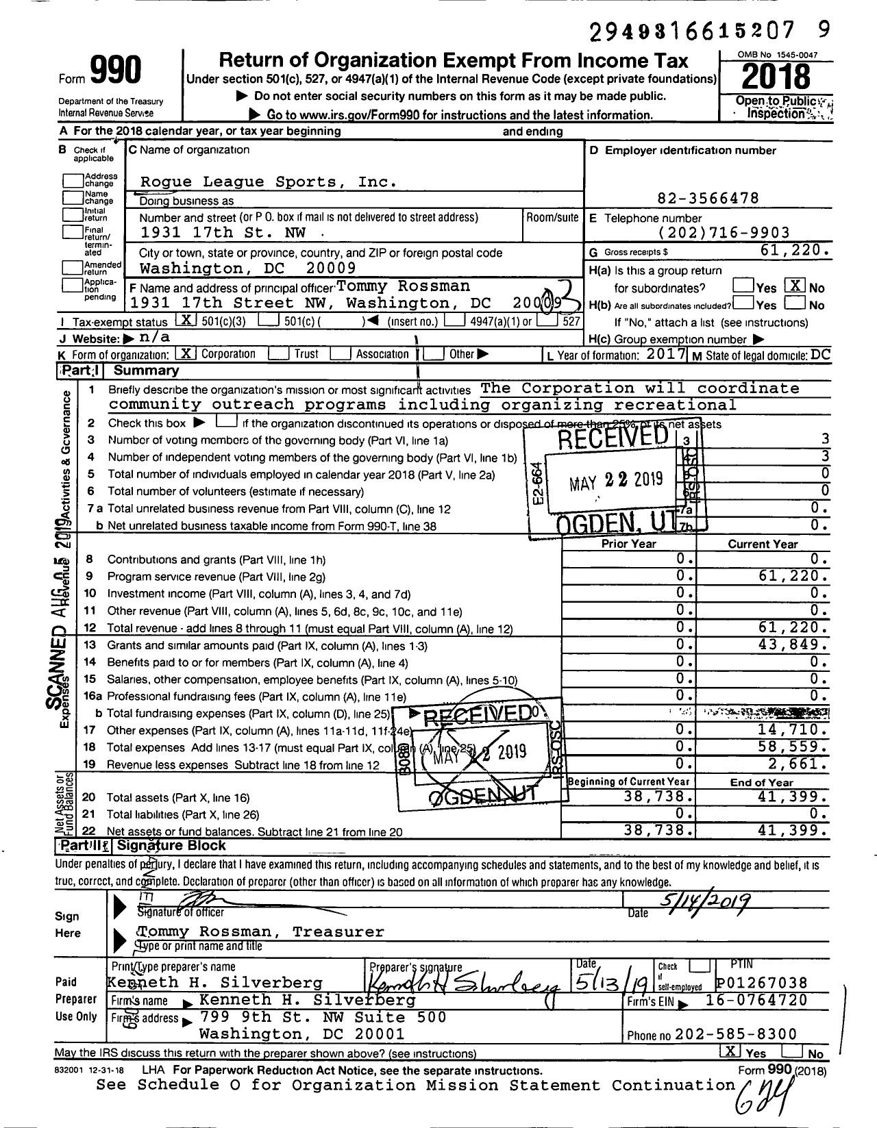 Image of first page of 2018 Form 990 for Rogue League Sports