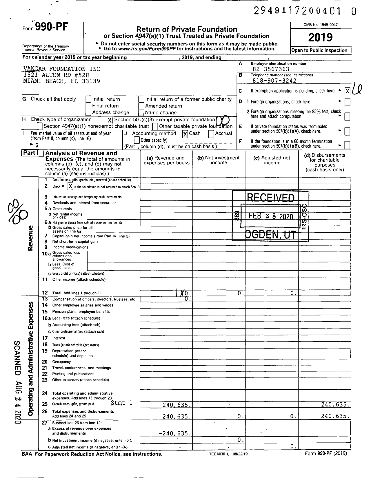 Image of first page of 2019 Form 990PR for Vangar Foundation