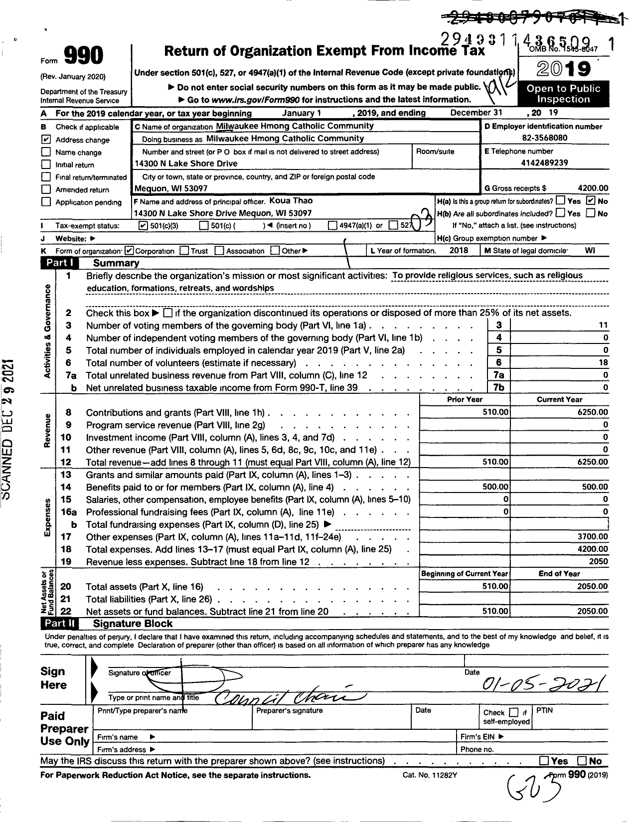 Image of first page of 2019 Form 990 for Milwaukee Hmong Catholic Community