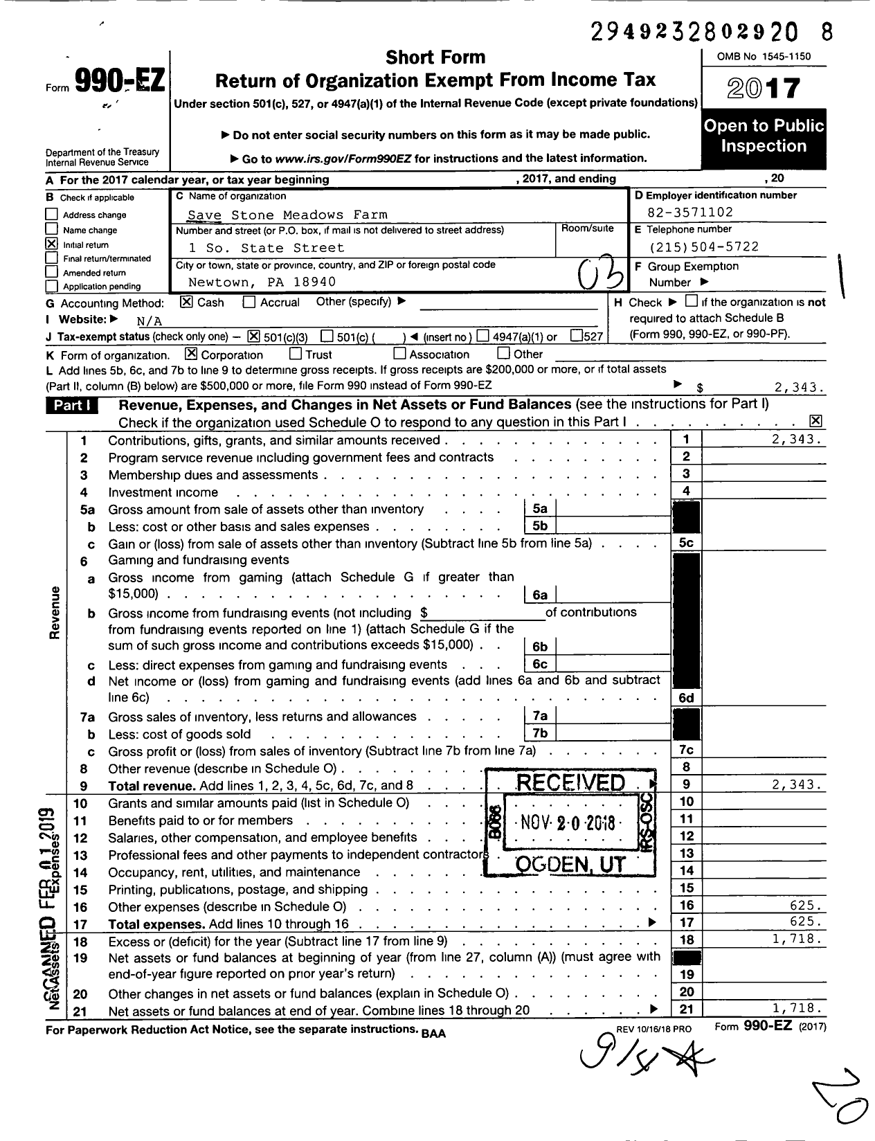 Image of first page of 2017 Form 990EZ for Save Stone Meadows Farm