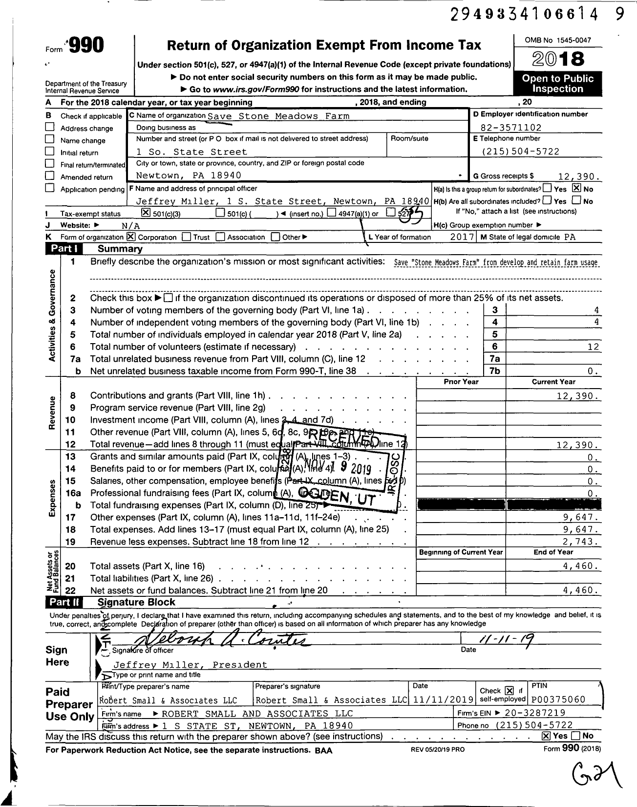 Image of first page of 2018 Form 990 for Save Stone Meadows Farm