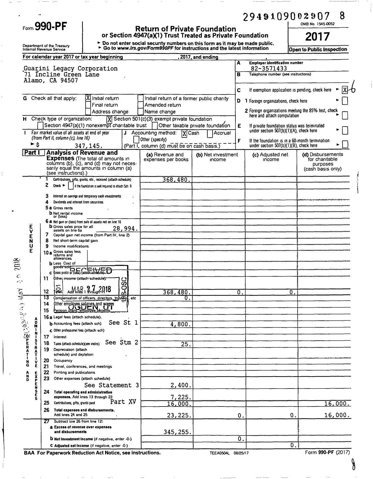 Image of first page of 2017 Form 990PF for Guarini Legacy Corporation