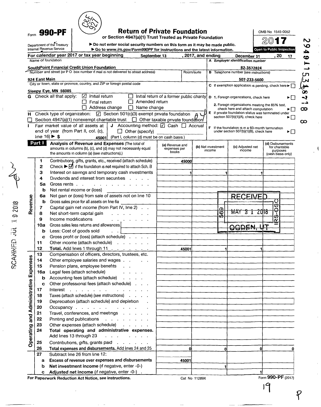 Image of first page of 2017 Form 990PF for Southpoint Financial Credit Union Foundation