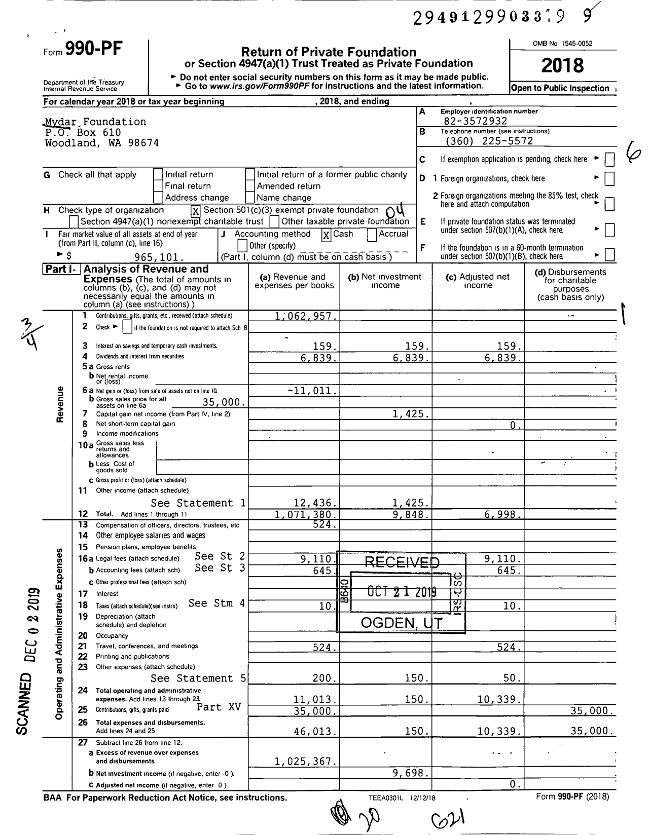 Image of first page of 2018 Form 990PF for Mydar Foundation