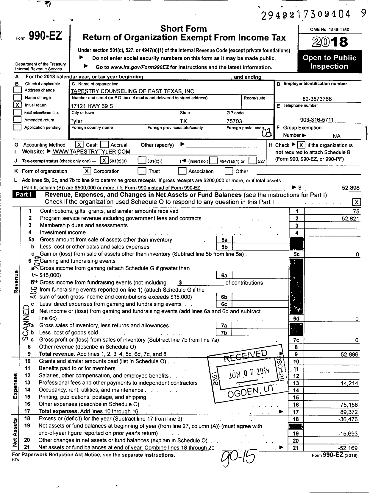 Image of first page of 2018 Form 990EZ for Tapestry Counseling