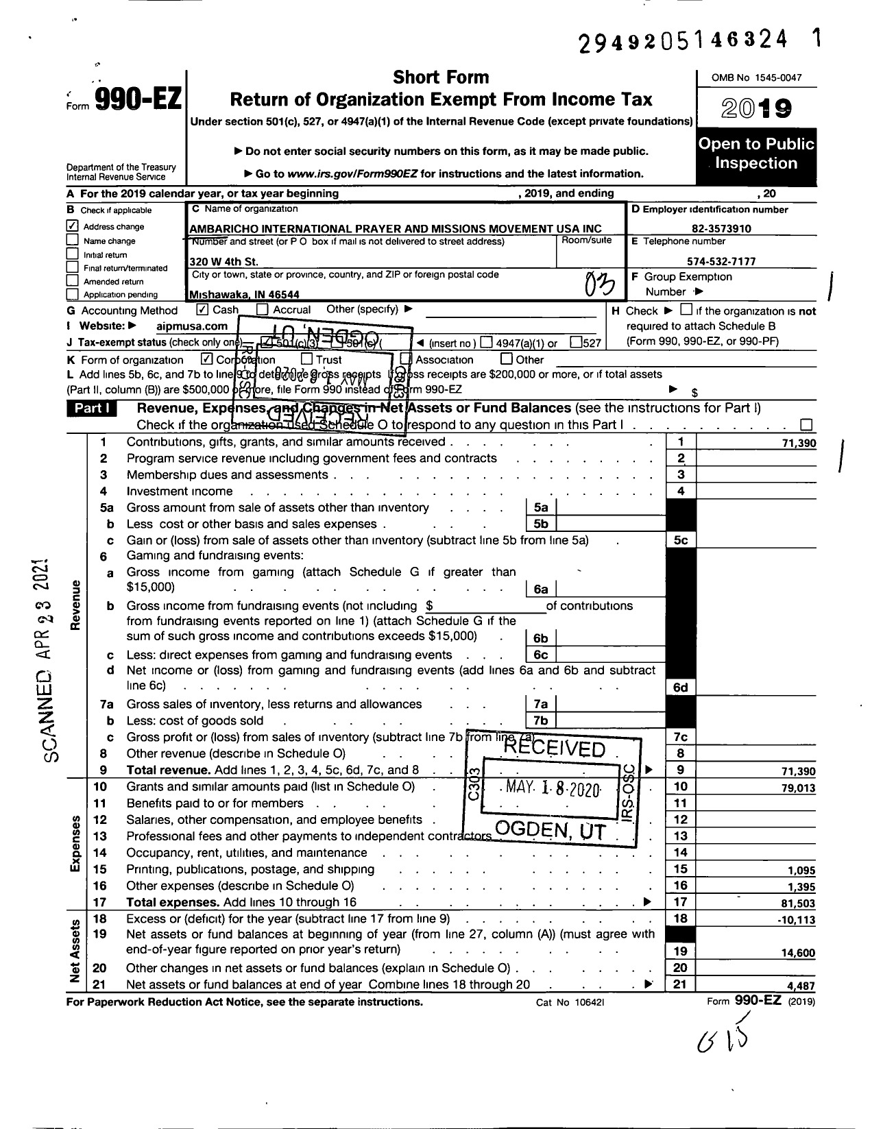 Image of first page of 2019 Form 990EZ for Ambaricho International Prayer and Missions Movement USA