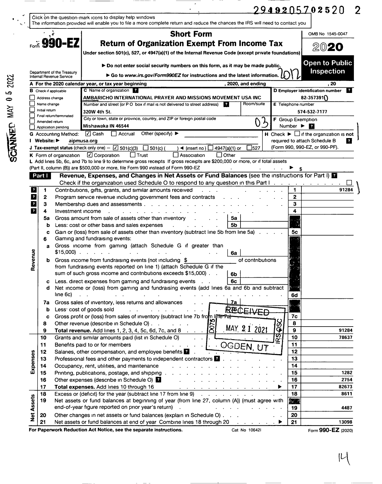 Image of first page of 2020 Form 990EZ for Ambaricho International Prayer and Missions Movement USA