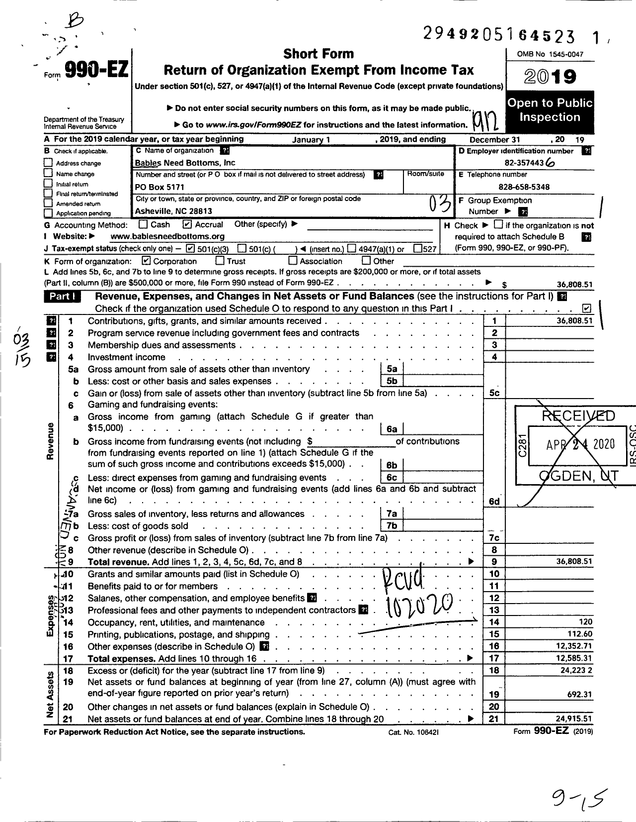 Image of first page of 2019 Form 990EZ for Babies Need Bottoms