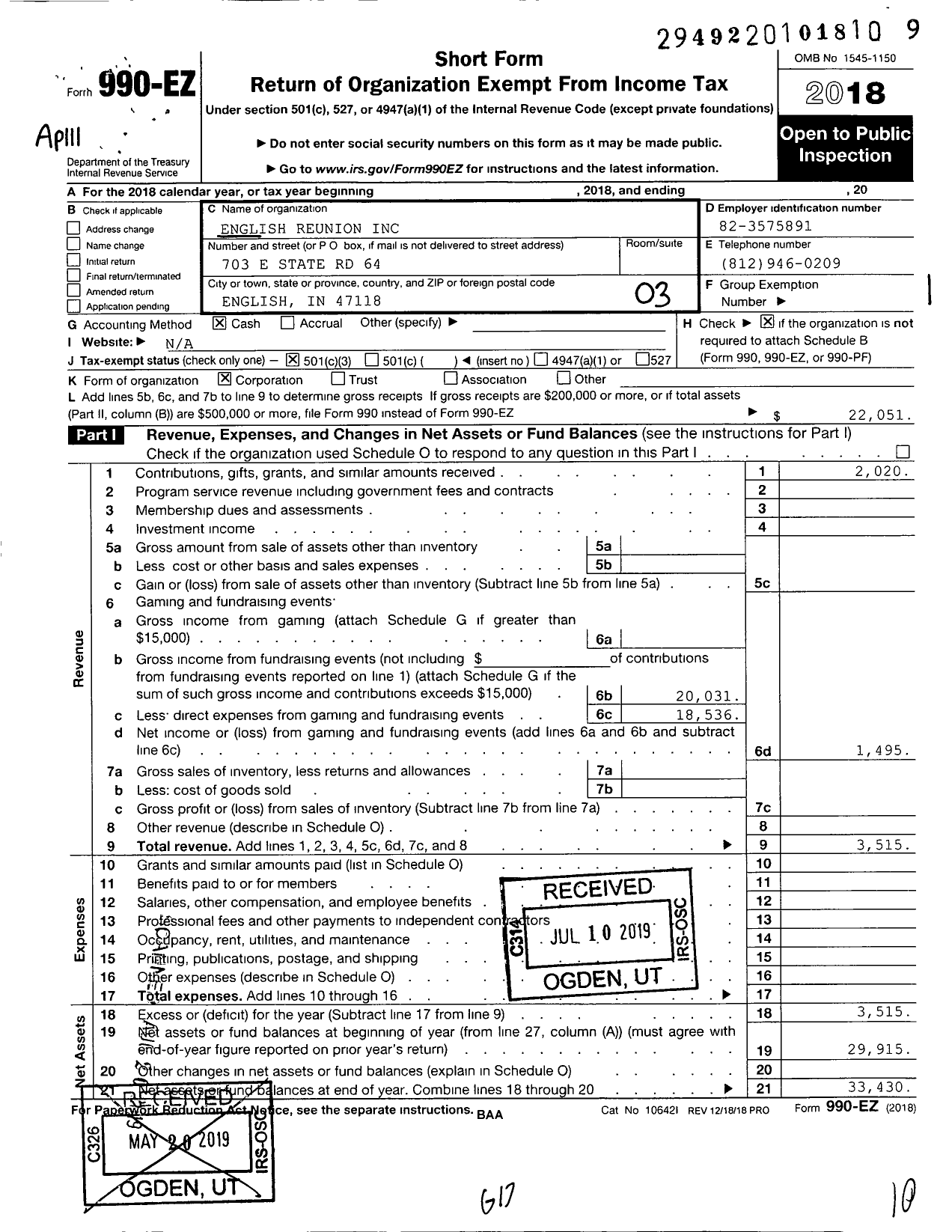 Image of first page of 2018 Form 990EZ for English Reunion