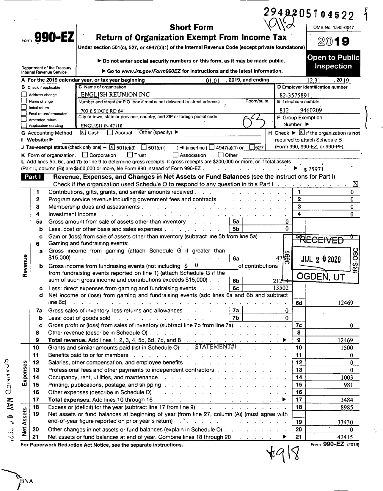 Image of first page of 2019 Form 990EZ for English Reunion