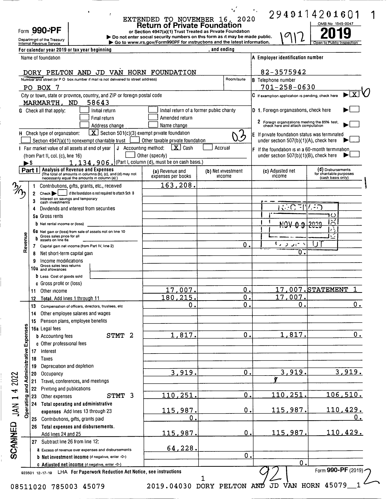 Image of first page of 2019 Form 990PF for Dory Pelton and JD Van Horn Foundation