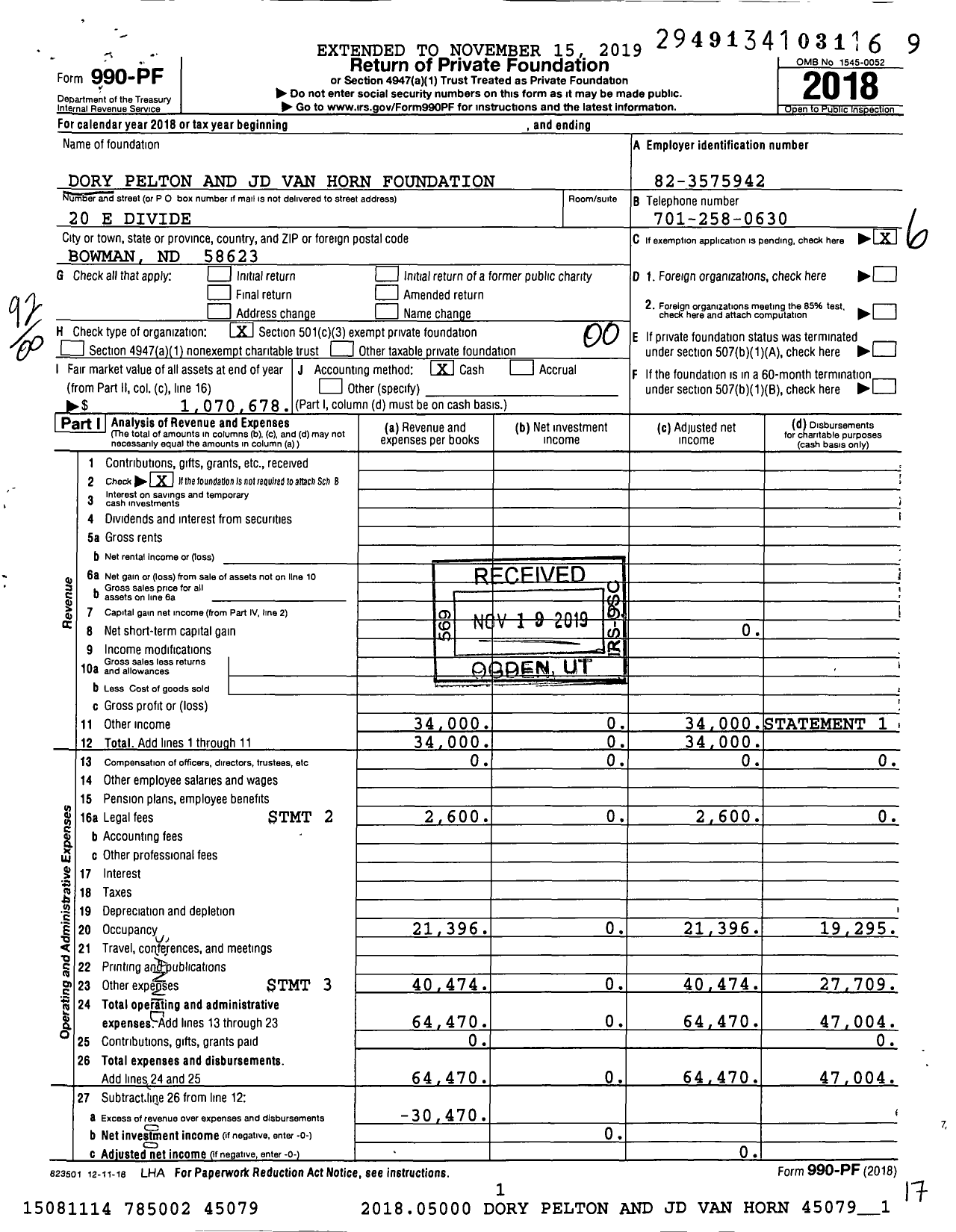 Image of first page of 2018 Form 990PF for Dory Pelton and JD Van Horn Foundation