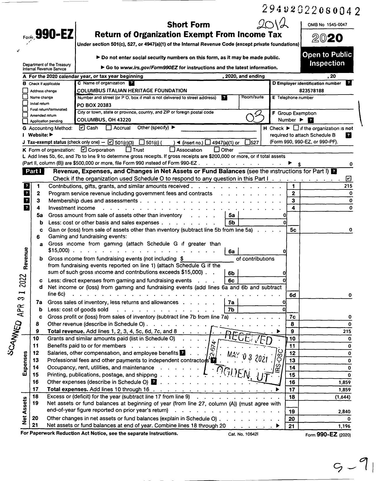 Image of first page of 2020 Form 990EZ for Columbus Italian Heritage Foundation