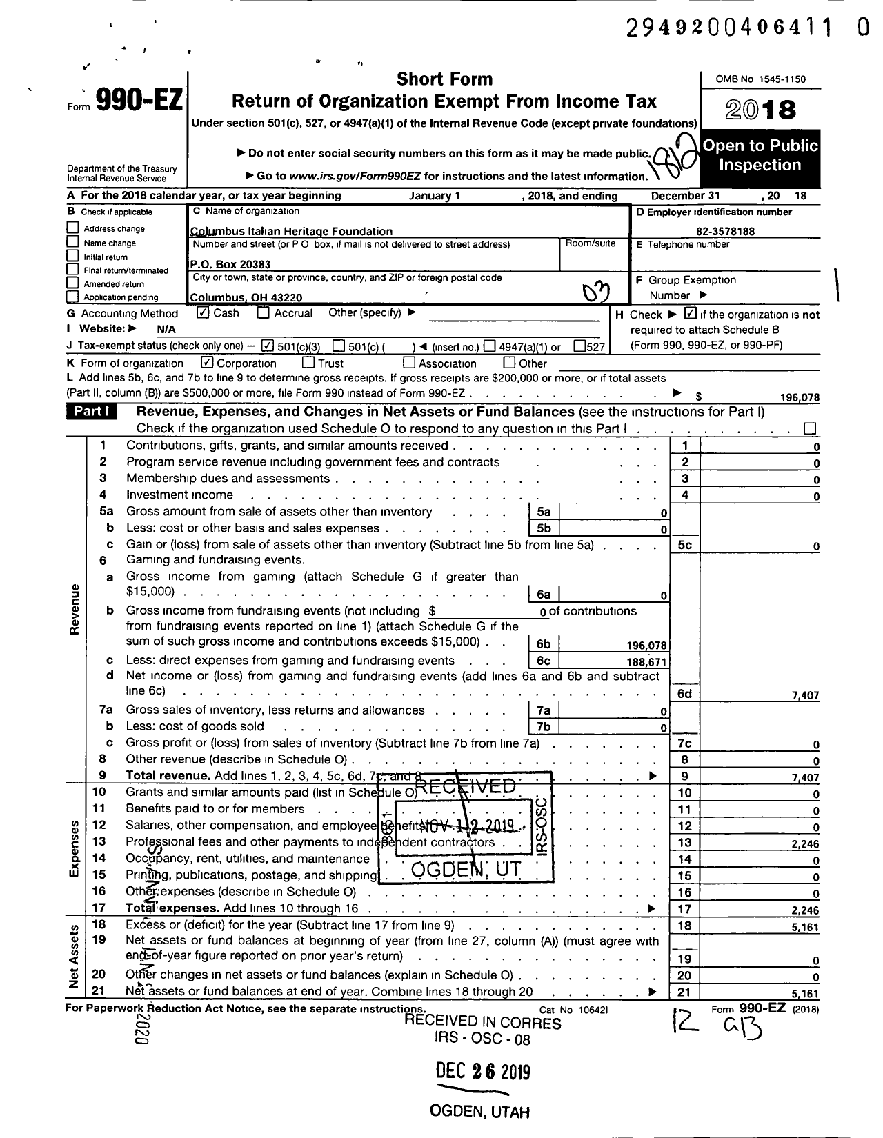 Image of first page of 2018 Form 990EZ for Columbus Italian Heritage Foundation