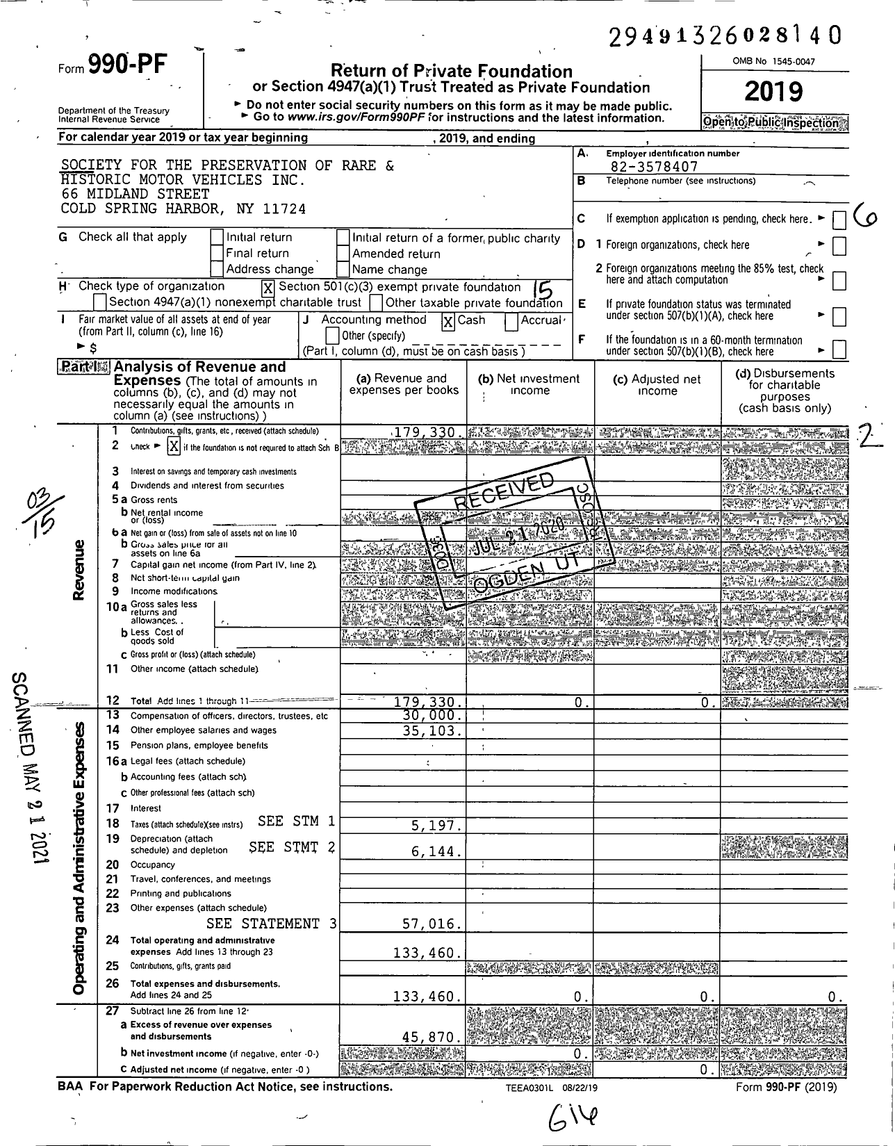 Image of first page of 2019 Form 990PF for Society for the Preservation of Rare and Historic Motor Vehicles