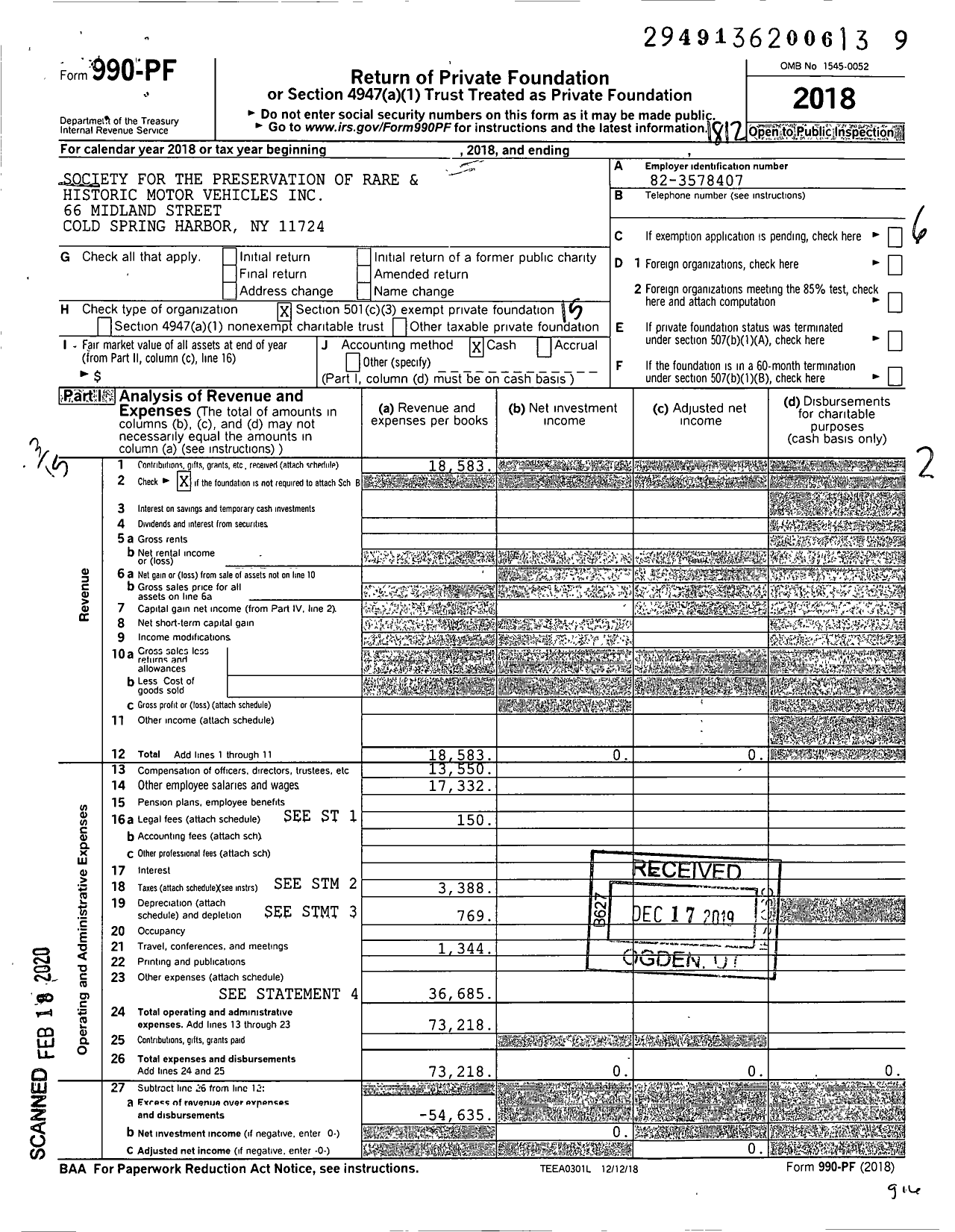 Image of first page of 2018 Form 990PF for Society for the Preservation of Rare and Historic Motor Vehicles