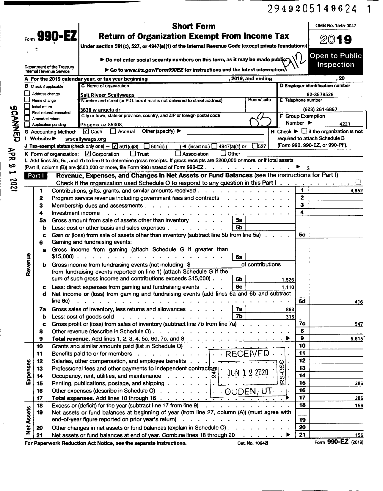 Image of first page of 2019 Form 990EZ for Salt River Scallywags