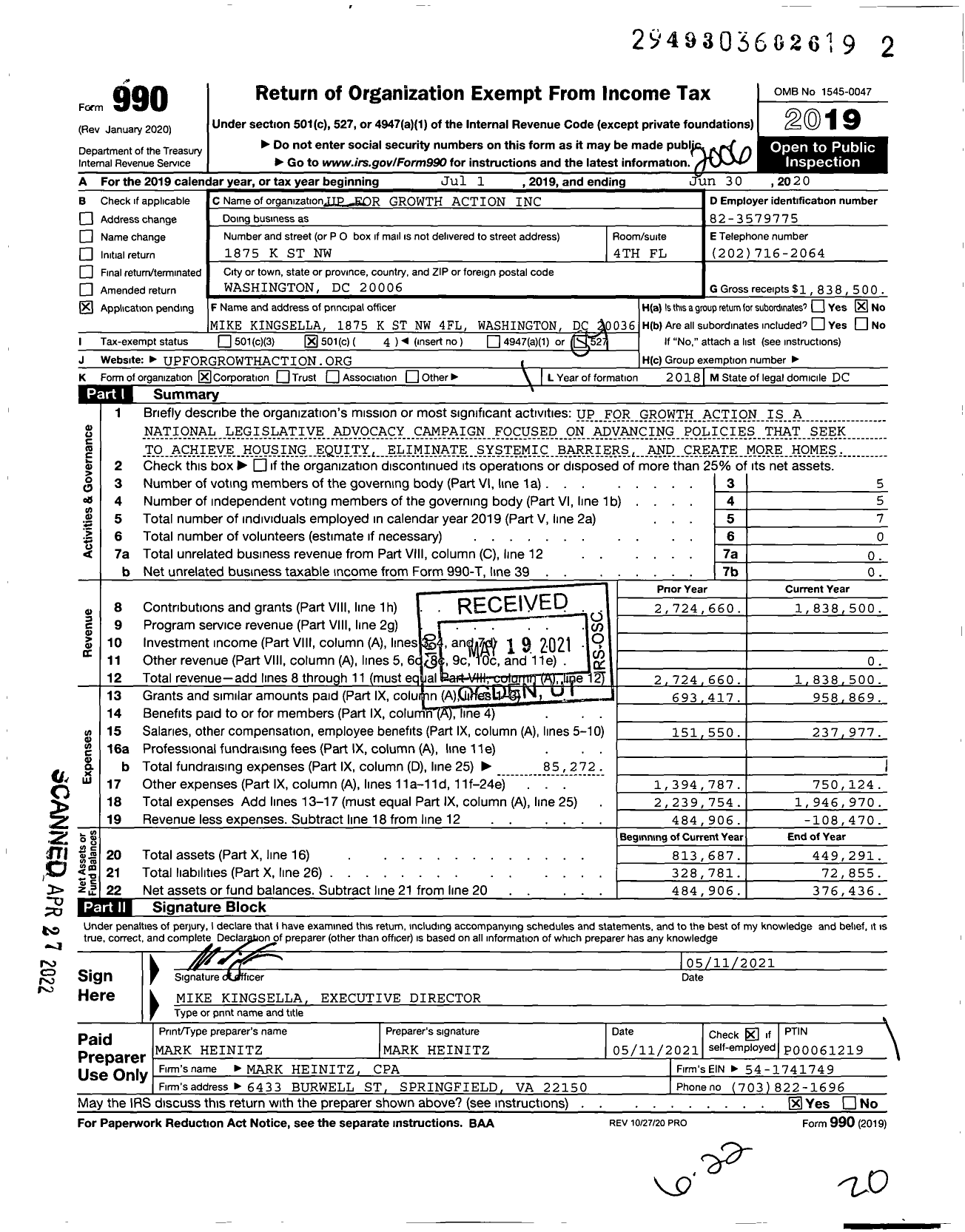 Image of first page of 2019 Form 990O for Up for Growth Action