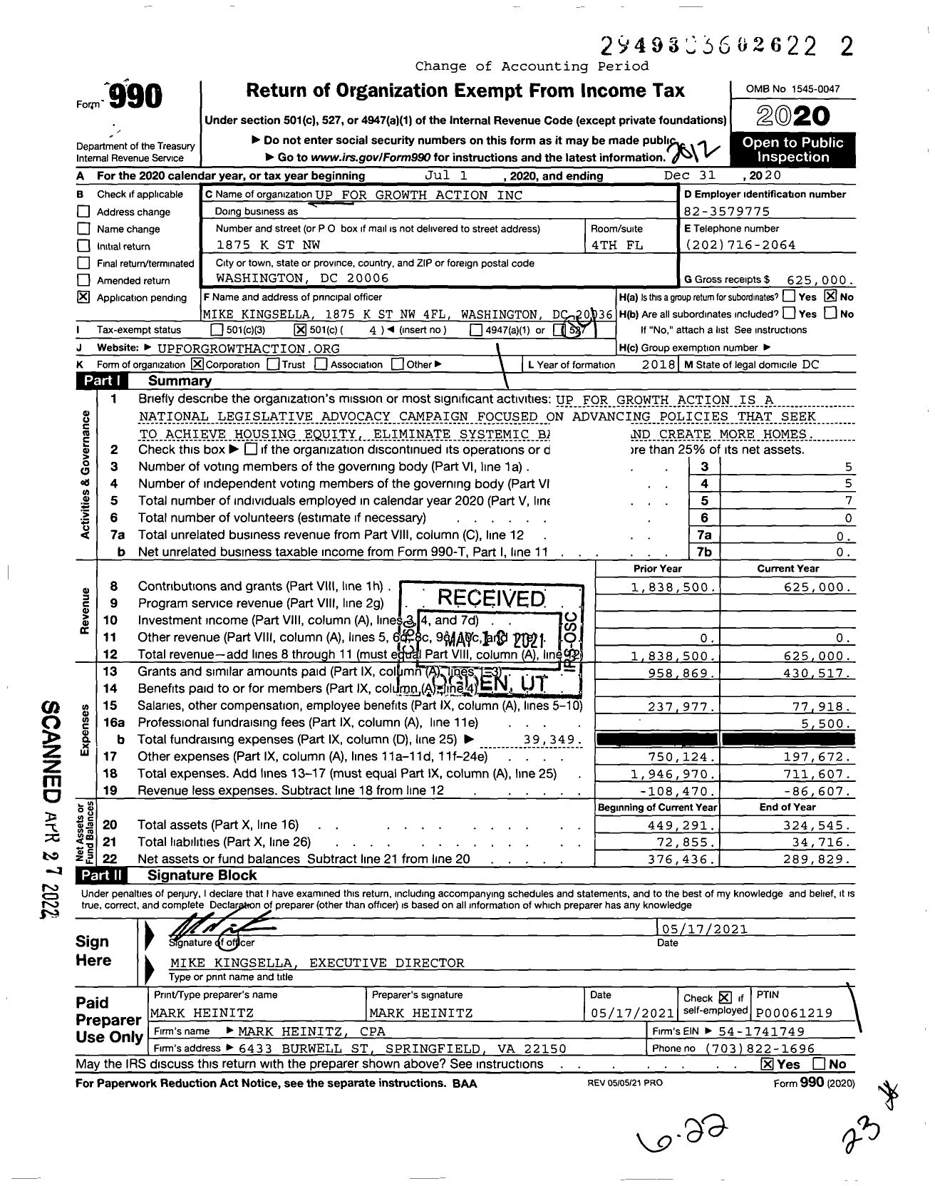 Image of first page of 2020 Form 990O for Up for Growth Action