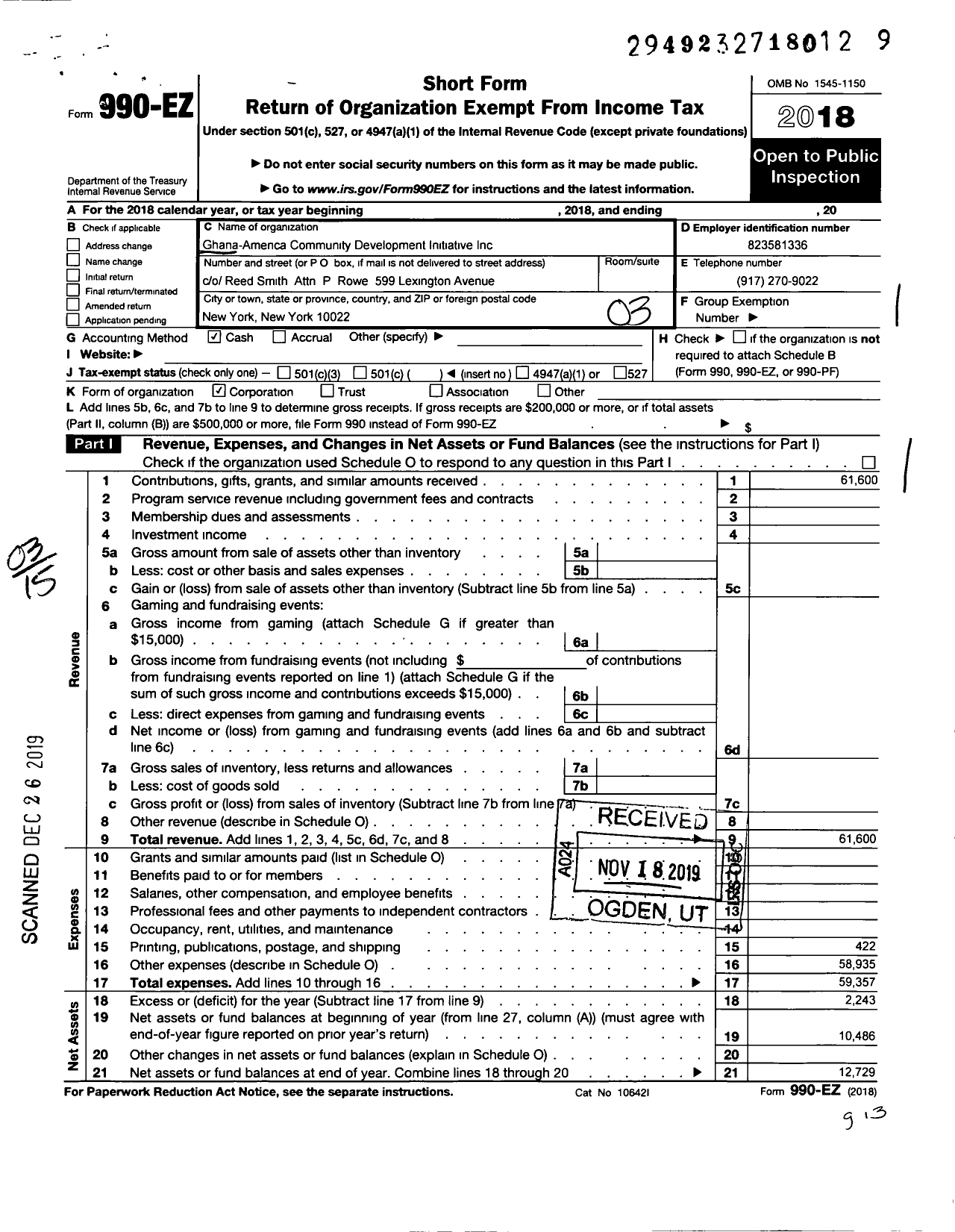 Image of first page of 2018 Form 990EZ for Ghana-America Community Development Initiative