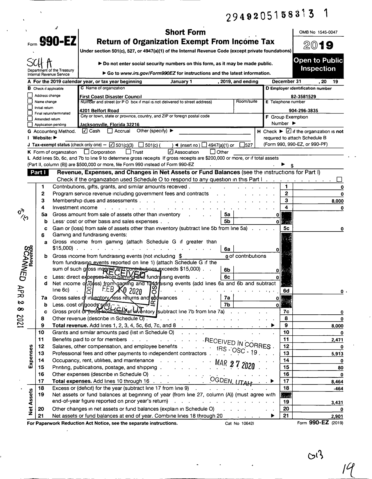 Image of first page of 2019 Form 990EZ for First Coast Disaster Council