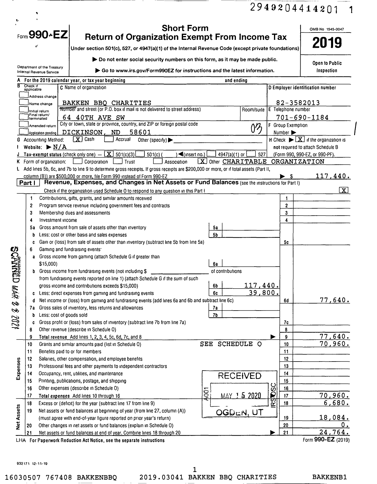 Image of first page of 2019 Form 990EZ for Bakken BBQ Charities