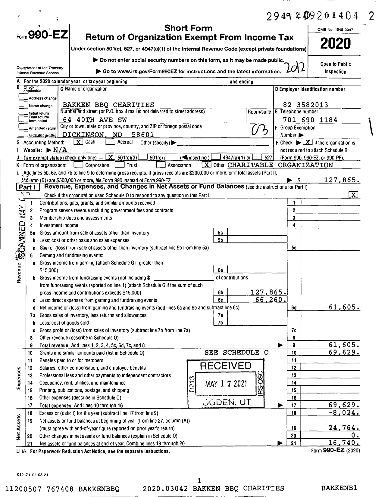 Image of first page of 2020 Form 990EZ for Bakken BBQ Charities