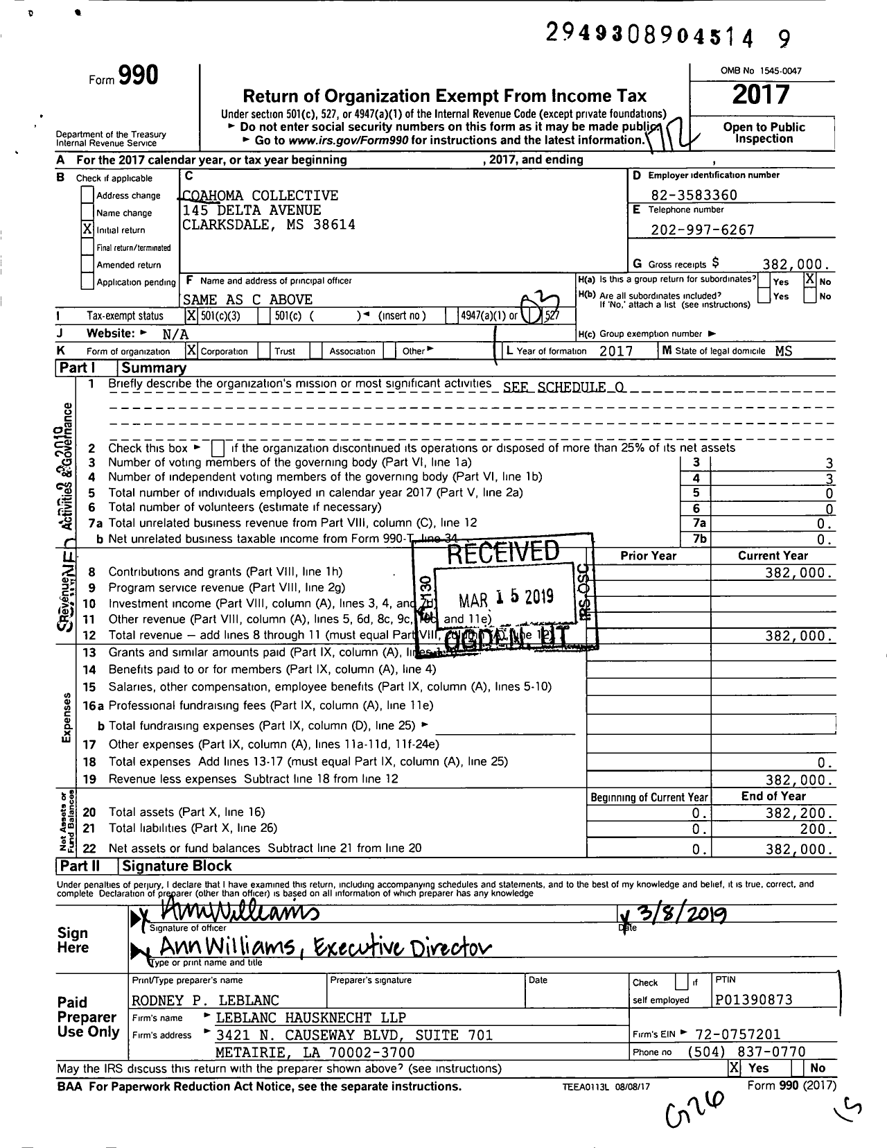 Image of first page of 2017 Form 990 for Coahoma Collective