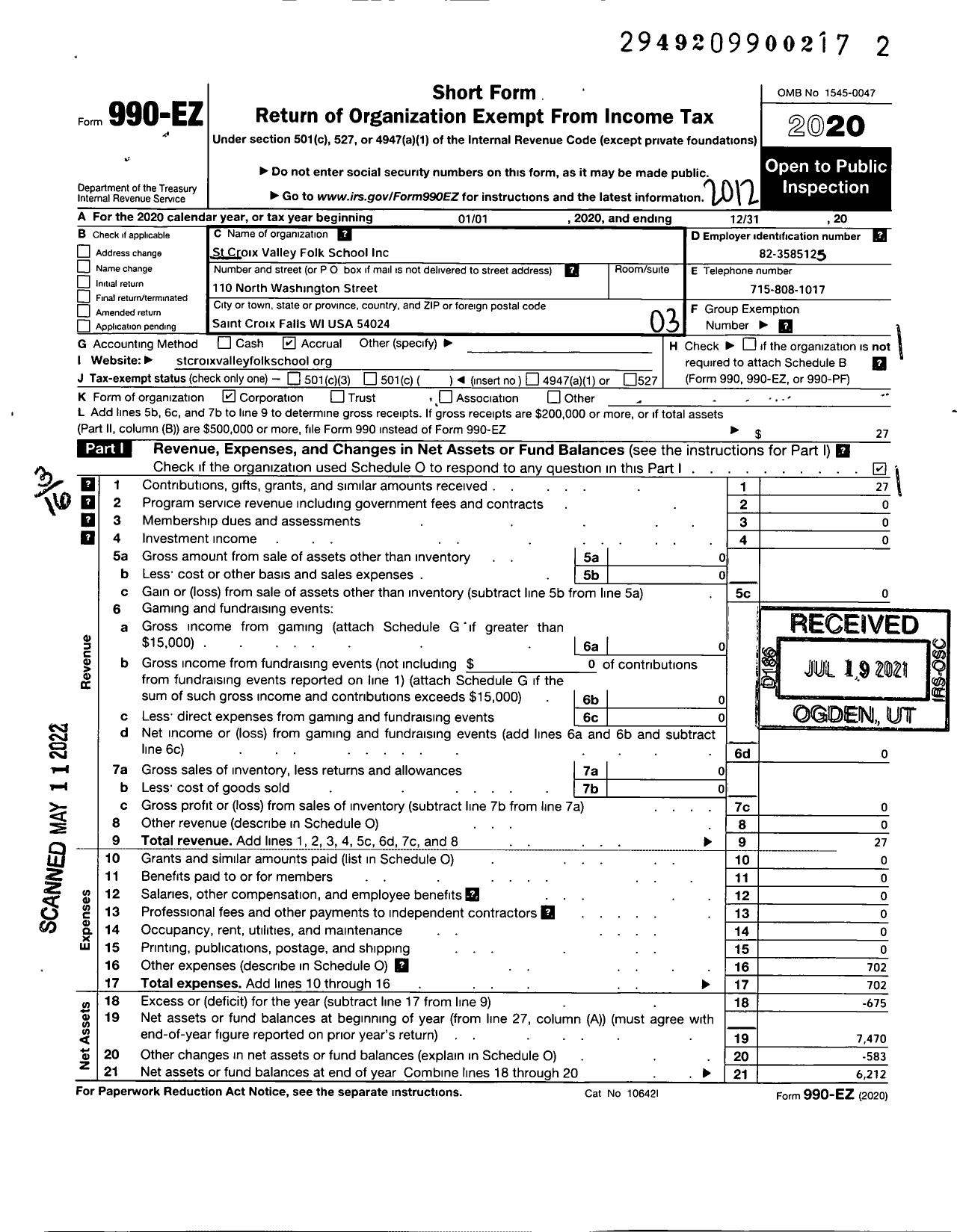 Image of first page of 2020 Form 990EZ for St Croix Valley Folk School