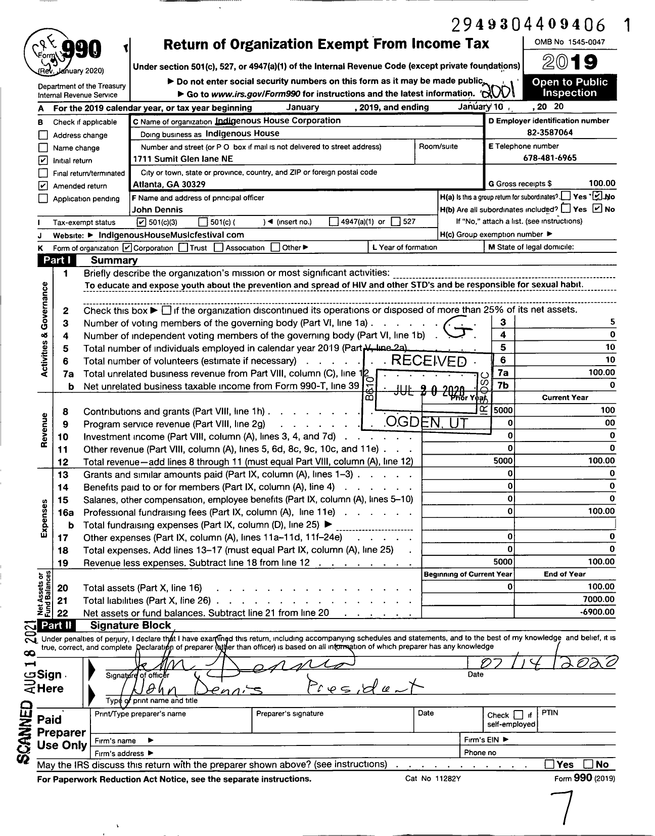 Image of first page of 2019 Form 990 for Indigenous House Corporation