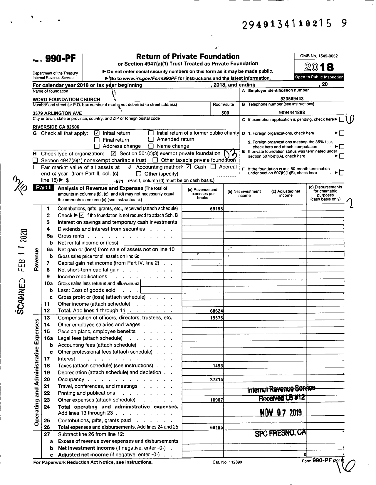 Image of first page of 2018 Form 990PF for Word Foundation Church
