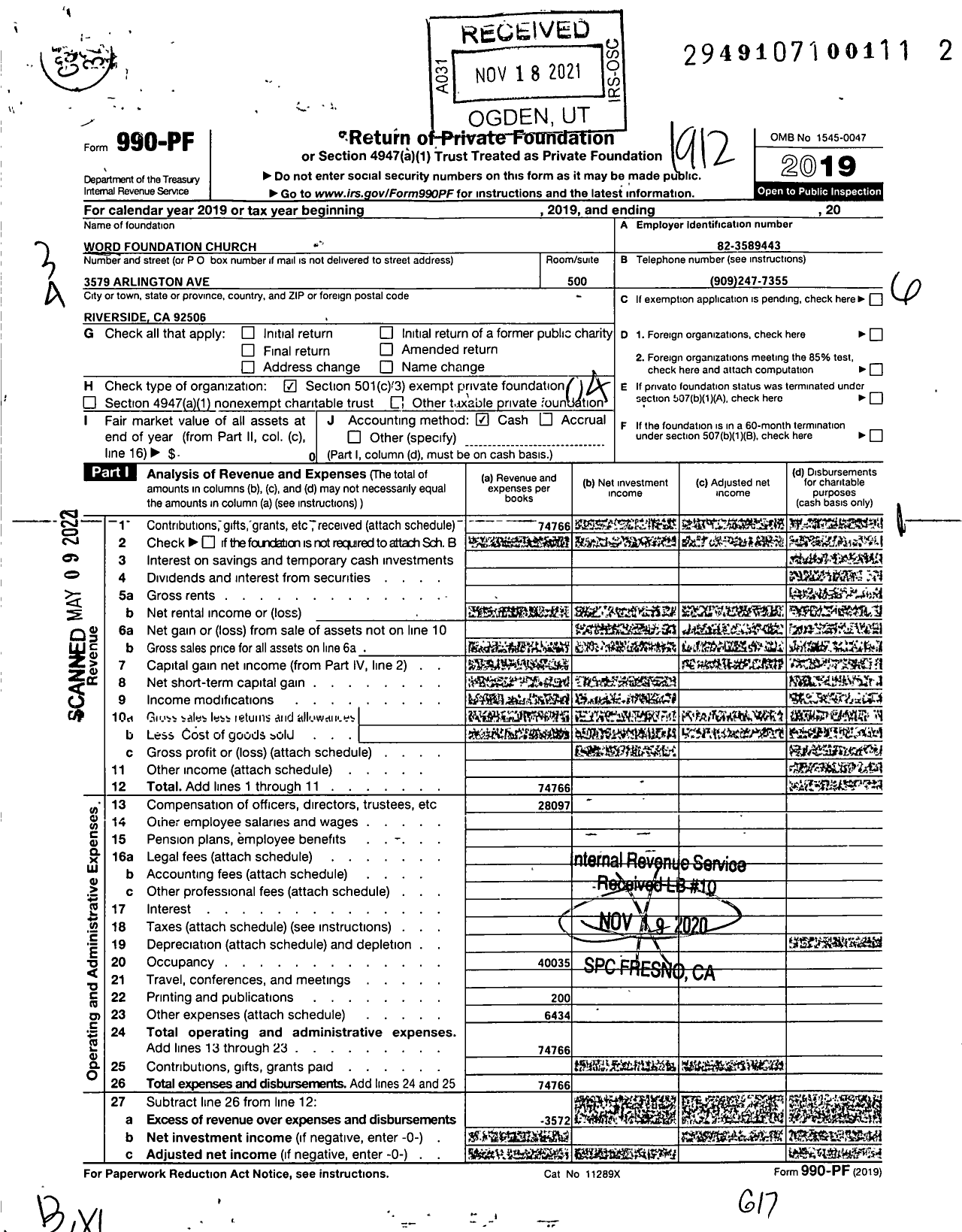 Image of first page of 2019 Form 990PF for Word Foundation Church