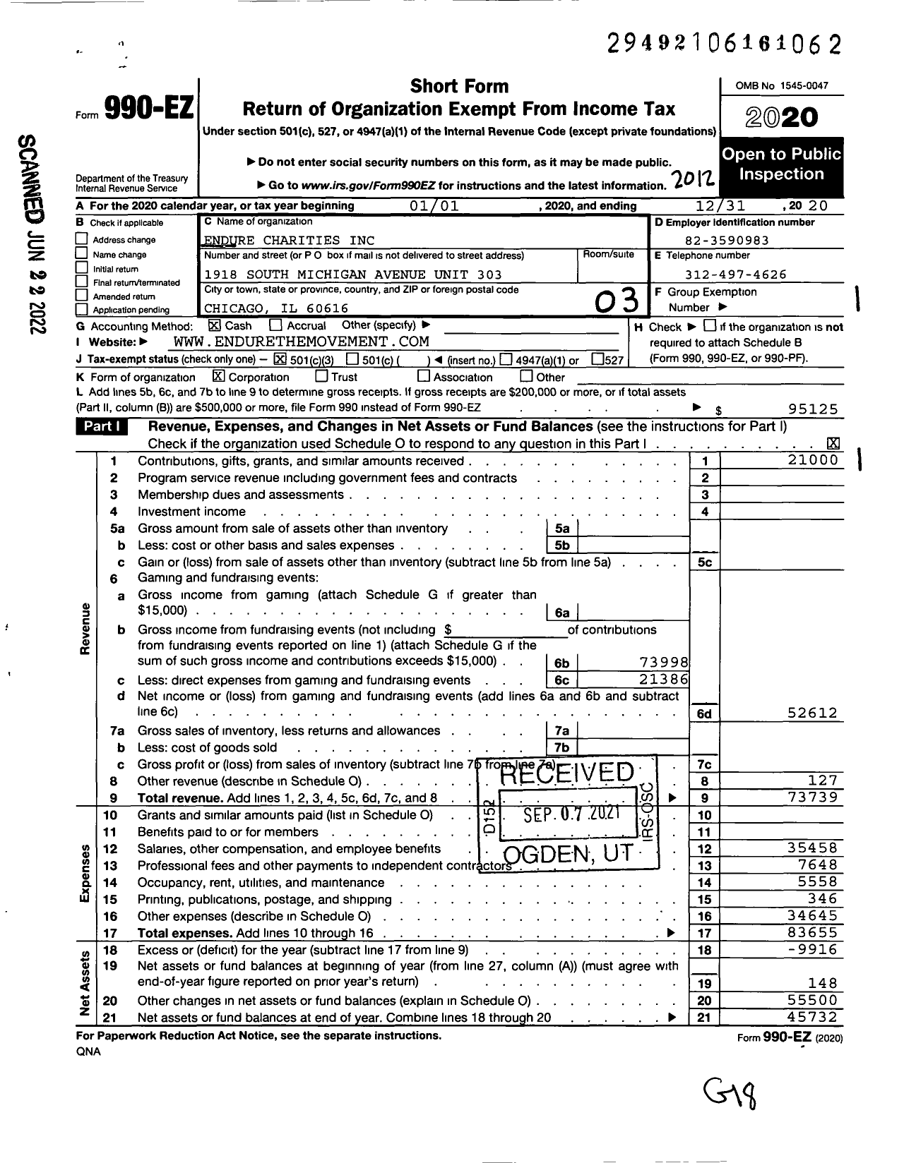 Image of first page of 2020 Form 990EZ for Endure Charities