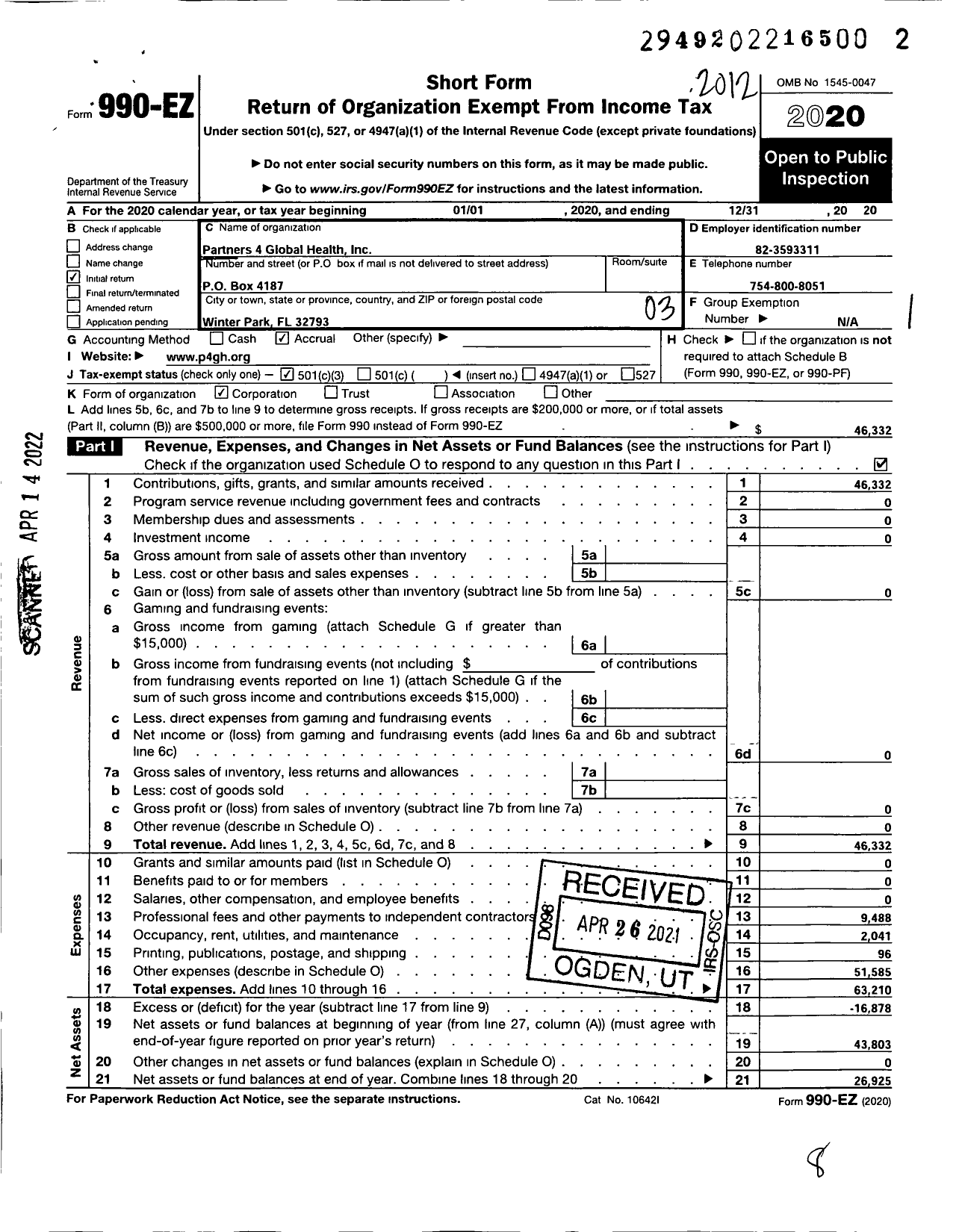 Image of first page of 2020 Form 990EZ for Partners 4 Global Health