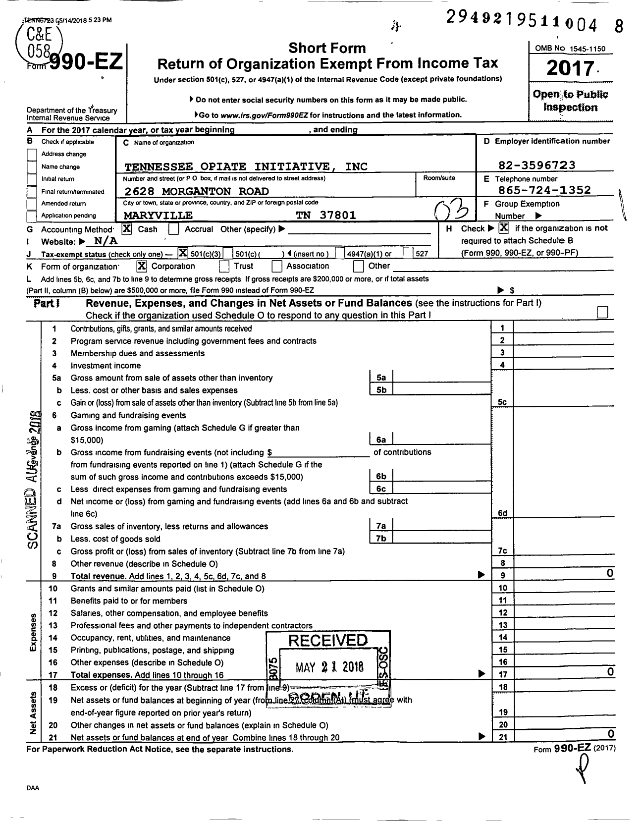 Image of first page of 2017 Form 990EZ for Tennessee Jail Chemical Addiction Program