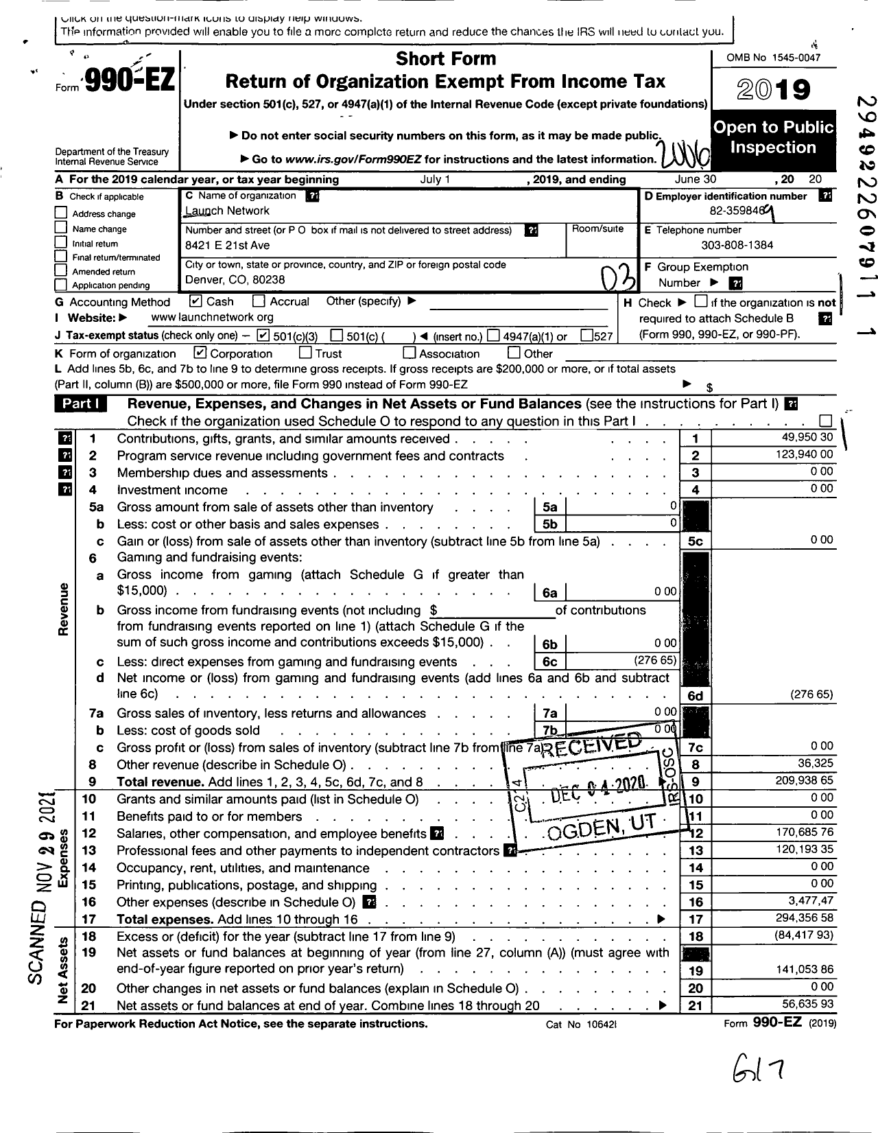 Image of first page of 2019 Form 990EZ for Launch Network