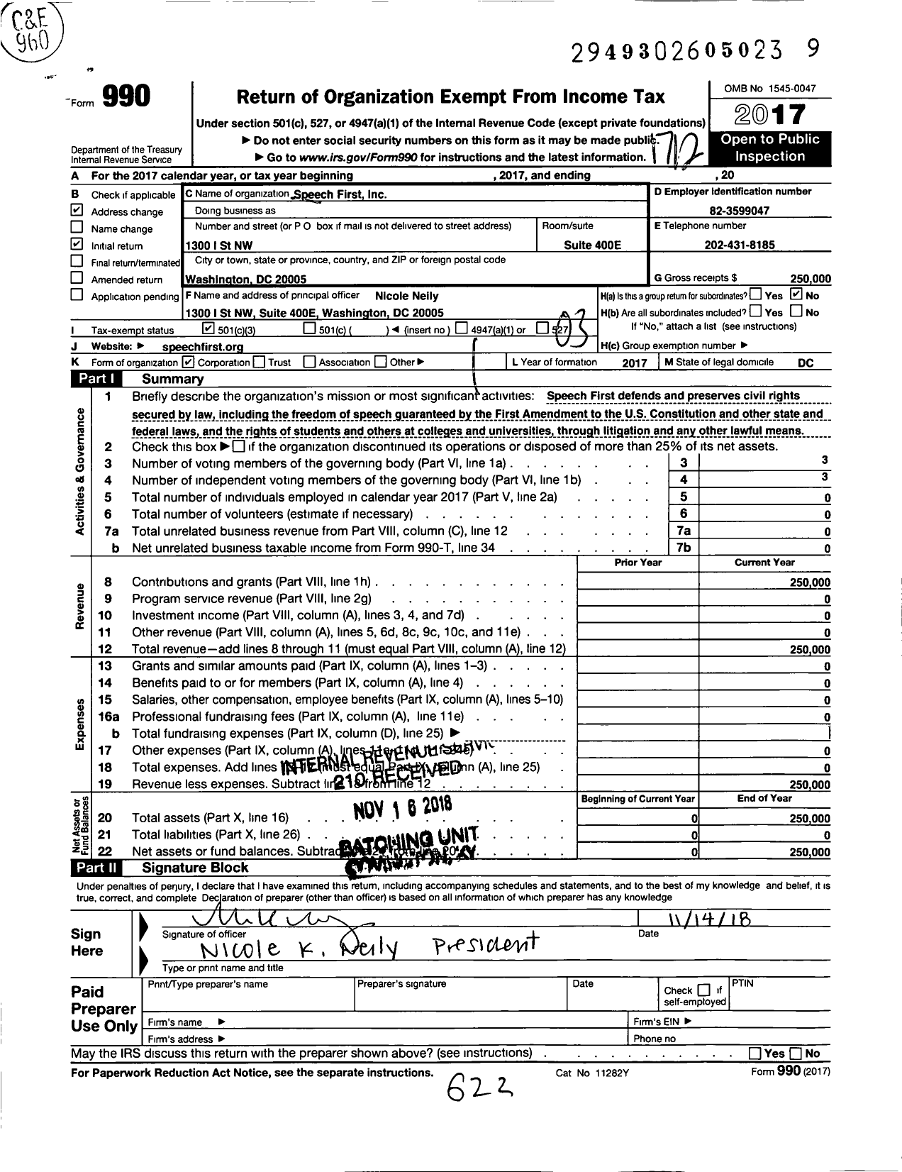 Image of first page of 2017 Form 990 for Speech First