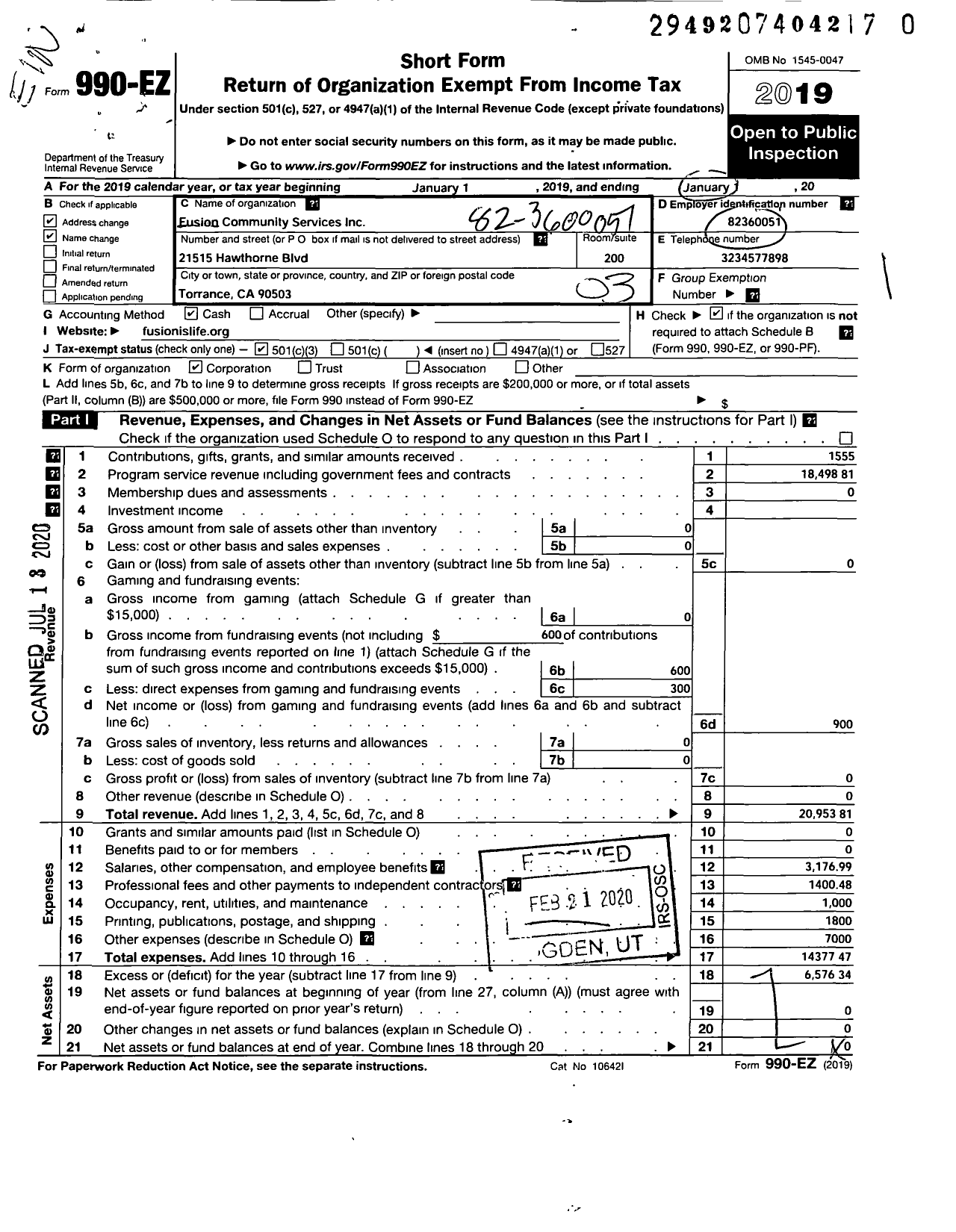 Image of first page of 2018 Form 990EZ for FUSION COMMUNITY Services