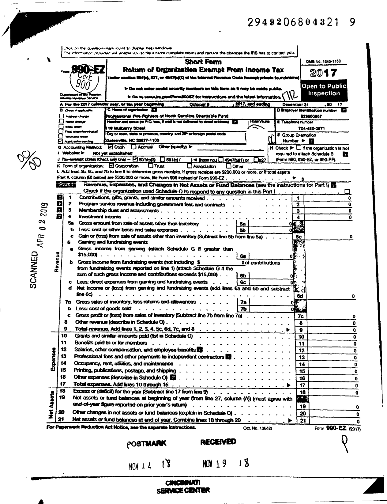 Image of first page of 2017 Form 990EO for Professional Fire Fighters of North Carolina Charitable Fund