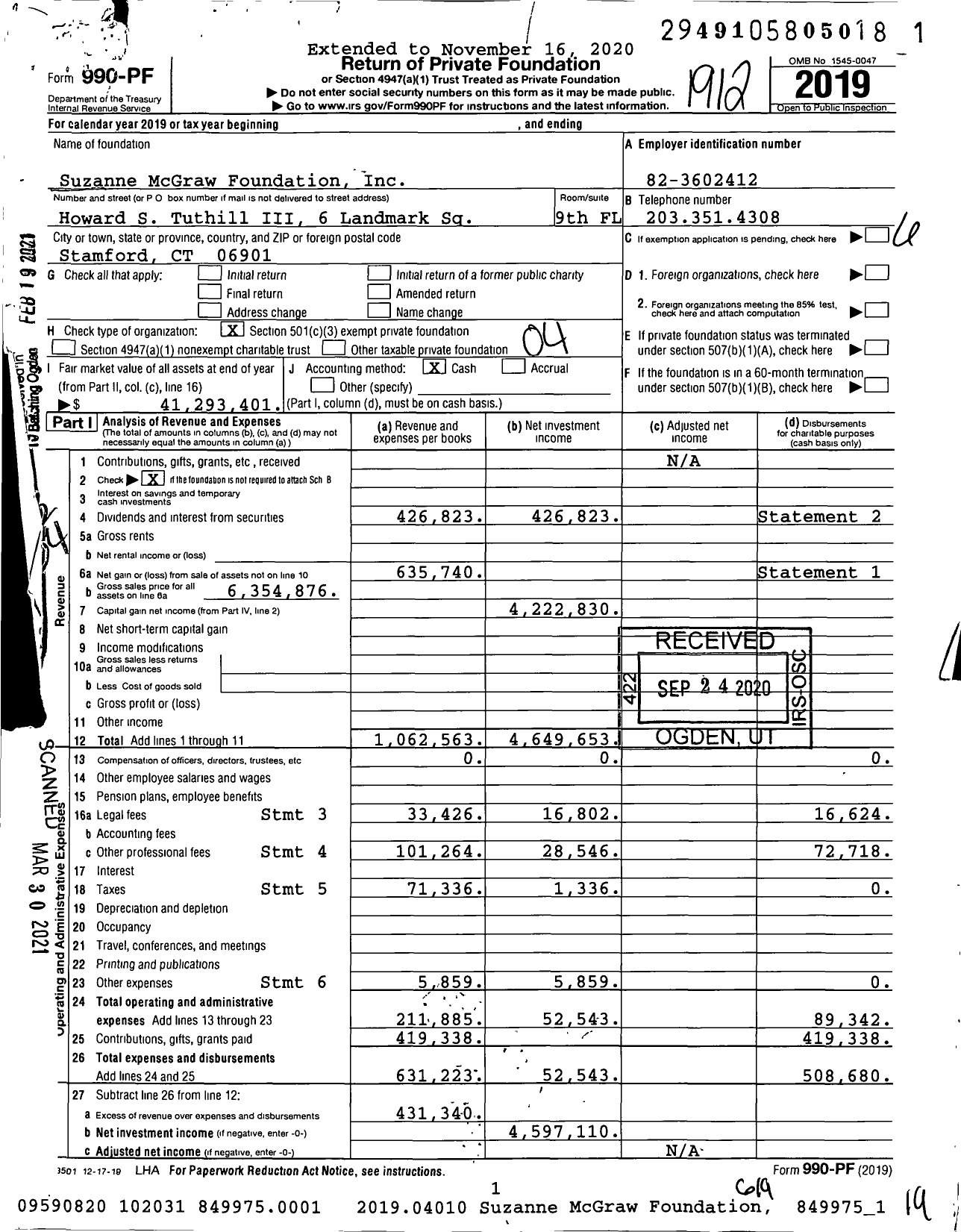 Image of first page of 2019 Form 990PF for Suzanne McGraw Foundation