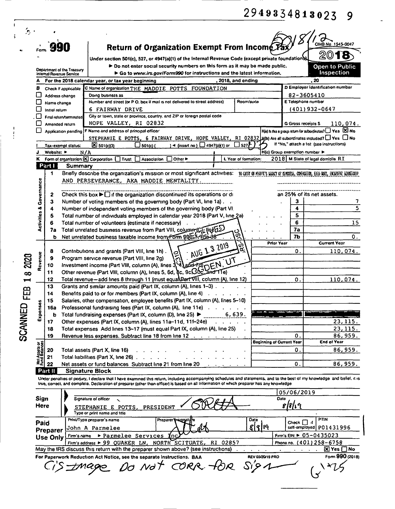 Image of first page of 2018 Form 990 for The Maddie Potts Foundation