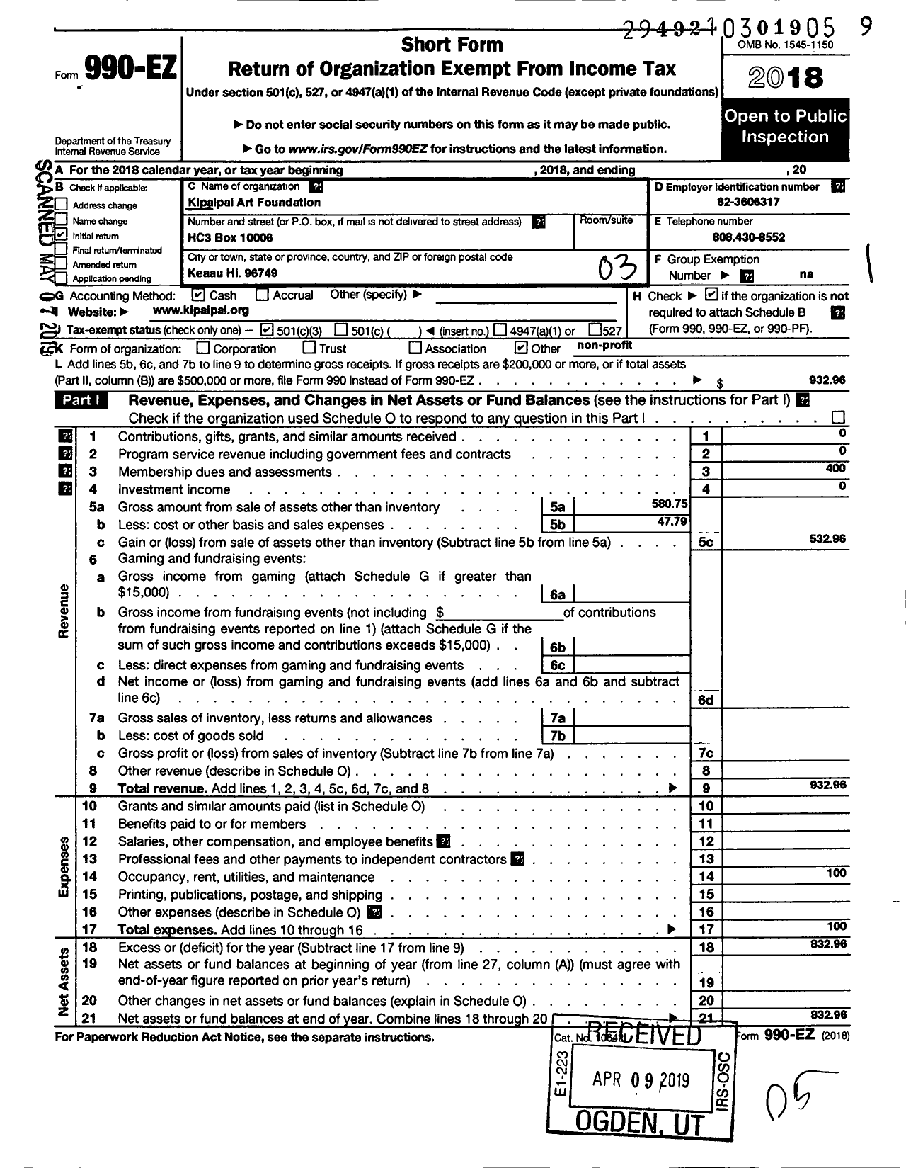 Image of first page of 2018 Form 990EZ for Kipaipai Art Foundation