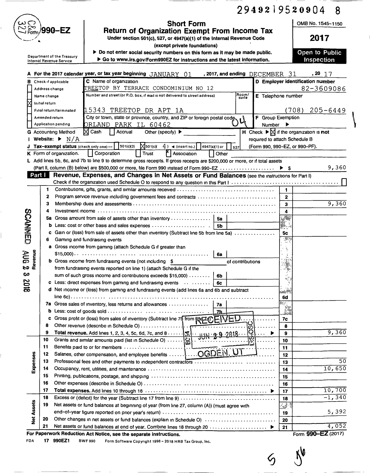 Image of first page of 2017 Form 990EO for Treetop By Terrace Condominium No 12