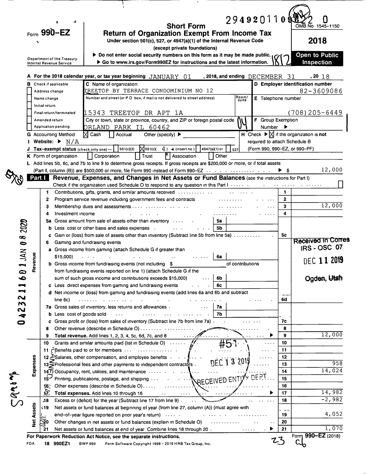 Image of first page of 2018 Form 990EO for Treetop By Terrace Condominium No 12