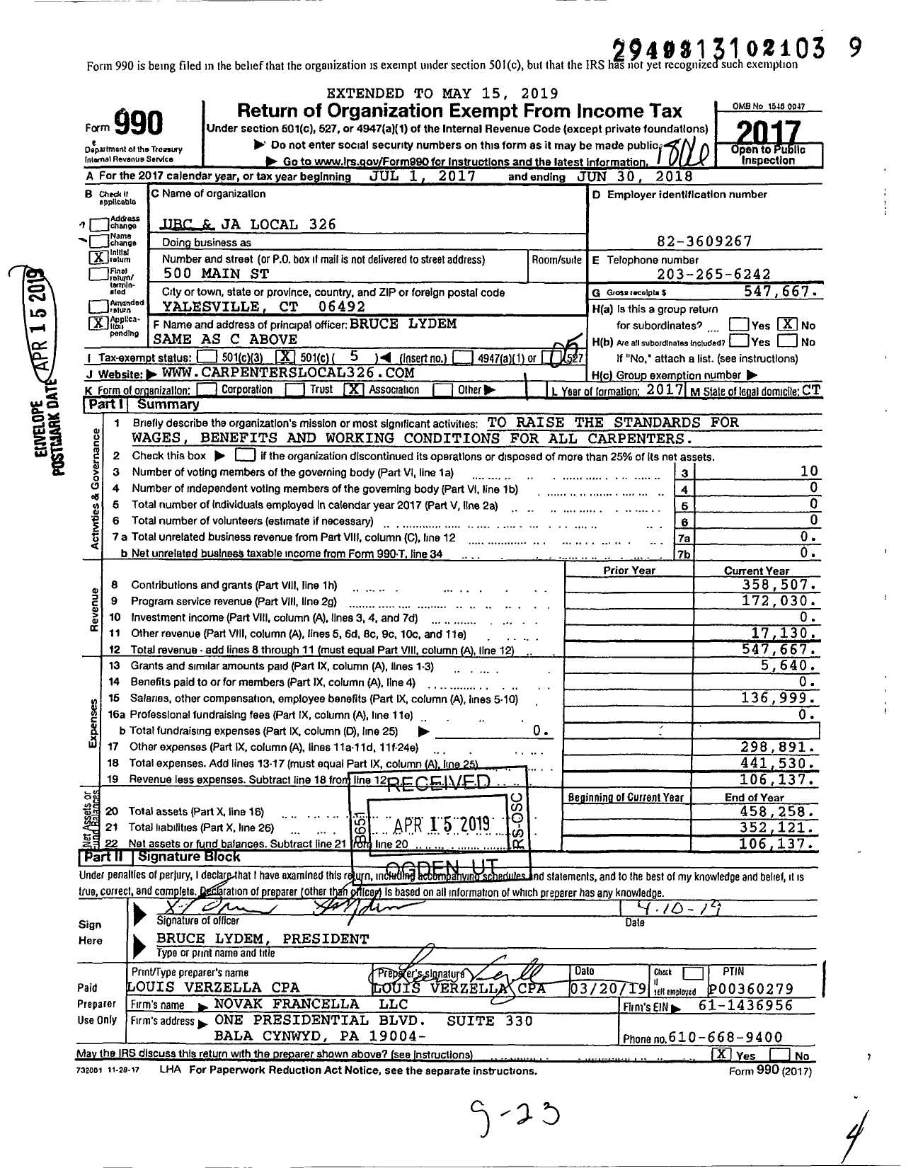 Image of first page of 2017 Form 990O for Ubc and Ja Local 326
