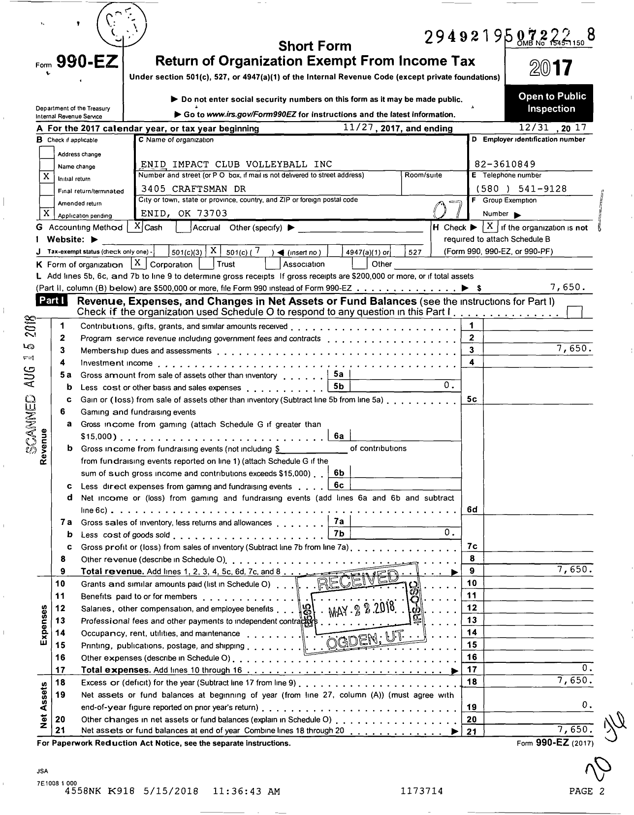 Image of first page of 2017 Form 990EO for Enid Impact Club Volleyball