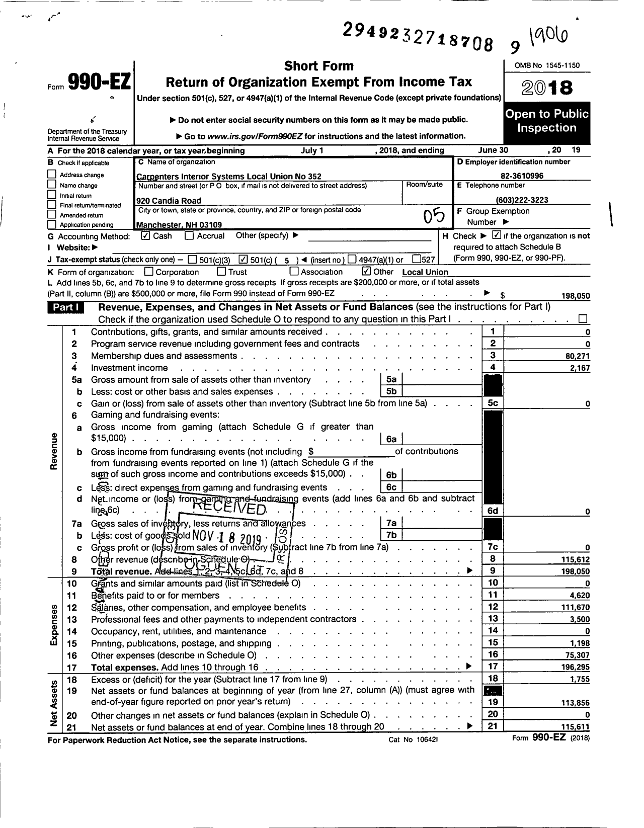 Image of first page of 2018 Form 990EO for Ubc and Ja Local 352