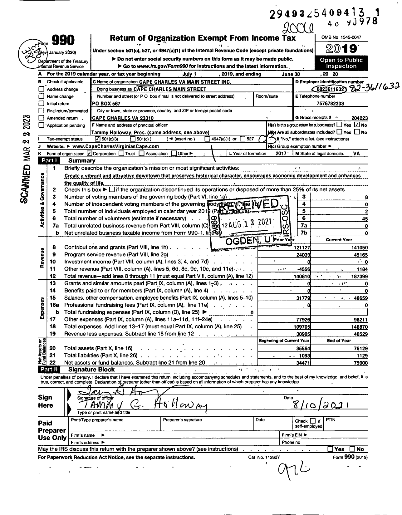 Image of first page of 2019 Form 990 for Cape Charles Main Street