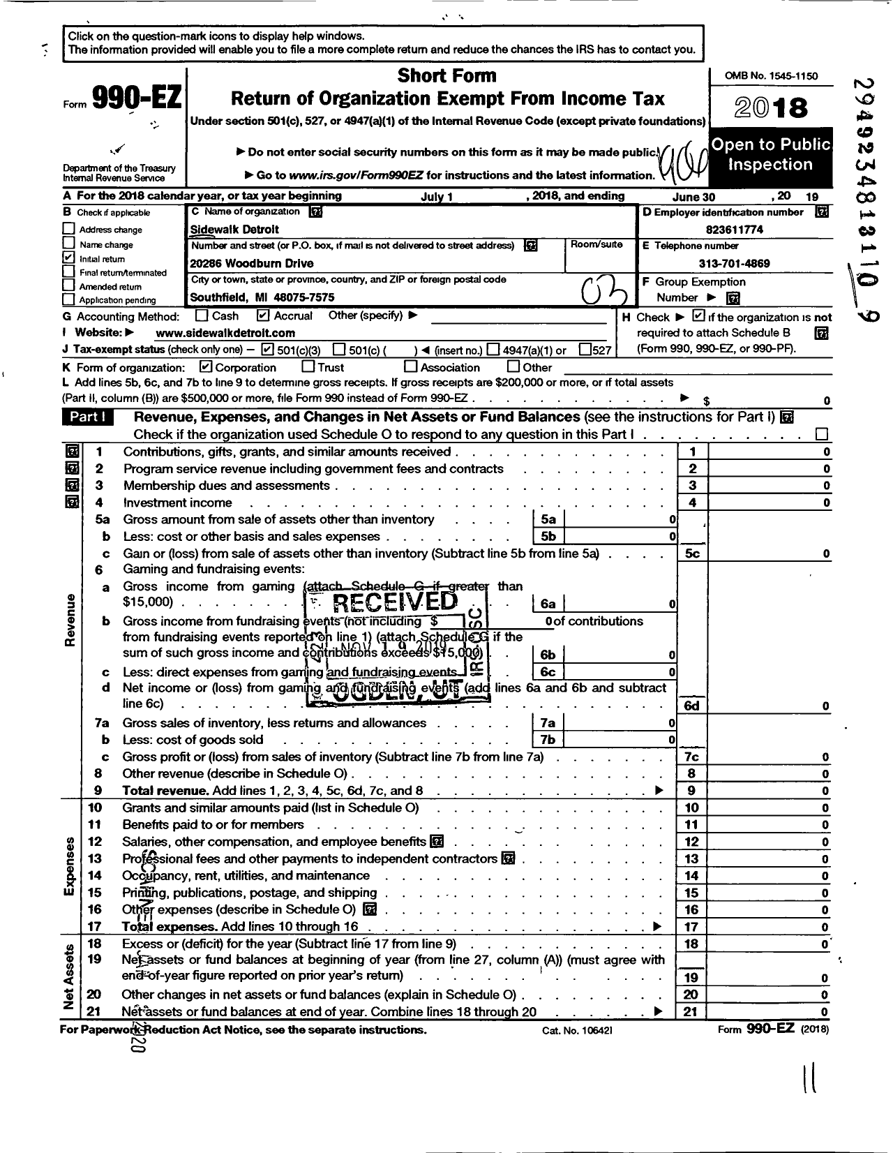 Image of first page of 2018 Form 990EZ for Sidewalk Detroit