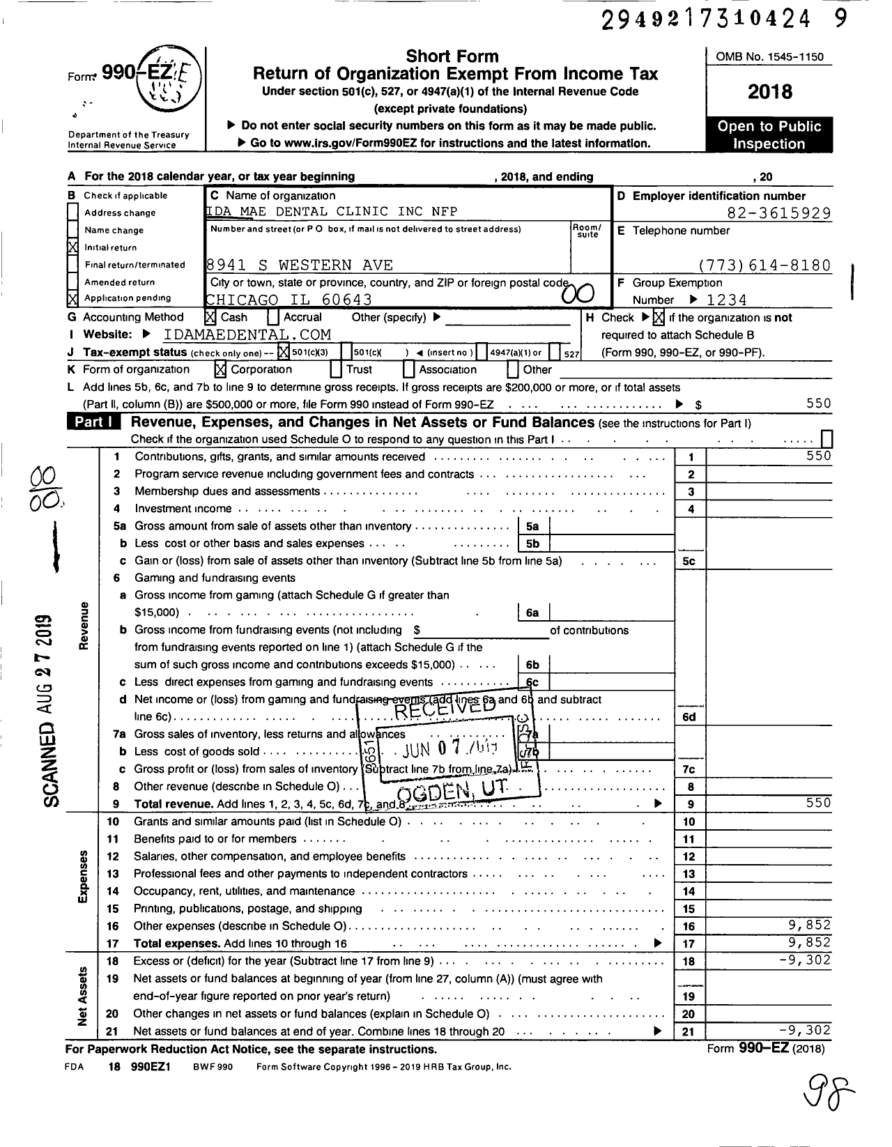 Image of first page of 2018 Form 990EO for Ida Mae Dental Clinic NFP